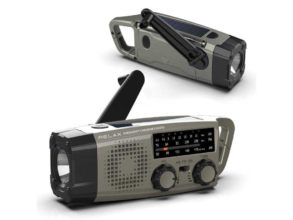 ウォームグレーのカラビナ型多機能防災ラジオ