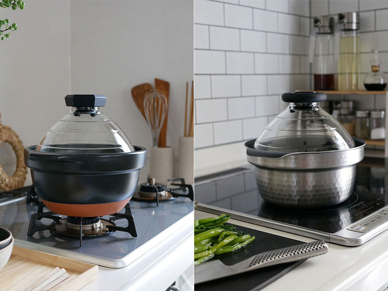 HARIO(ワイ・ヨット)製のIH対応ご飯釜「雪平」。透明なガラス蓋を備えたステンレスとアルミ製の鍋身が特徴的なデザイン。