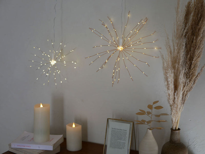 ホーンプリーズ製ブルーミングLカッパーLEDライトデコレーション。銅色のワイヤーに花形のLEDライトが配置された装飾用ライト。