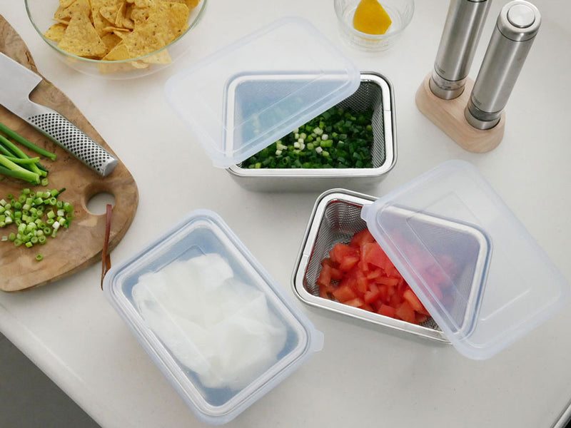 シリコンフタ付き角型バットとザルのセット