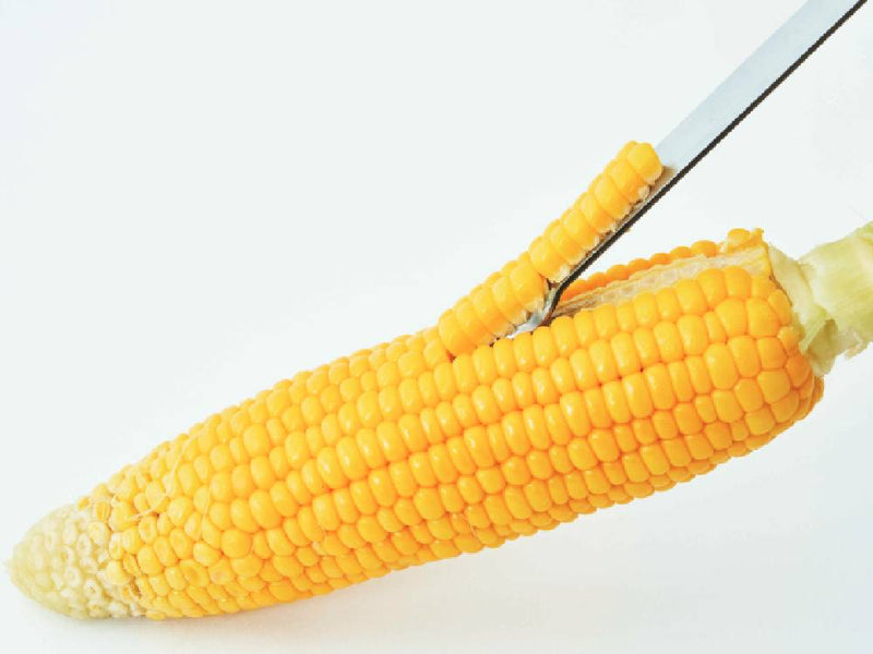 ステンレス製のEAトCOポロで持たれた黄色いスイートコーン
