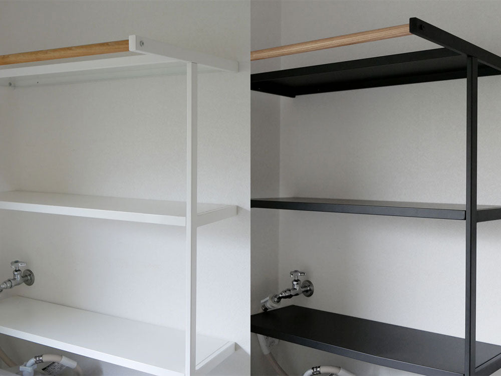 tower/Yamazaki製高さ190cmの立て掛けランドリーシェルフ。スチールと天然木を使用し、洗濯機の横に設置されています。