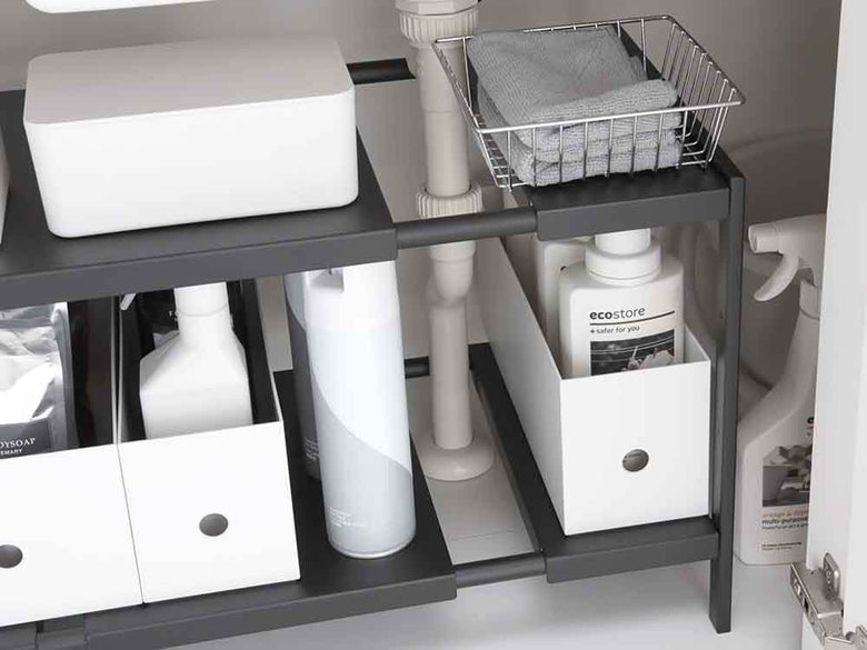 YAMAZAKI/tower 伸縮シンク下ラック2段 シルバー