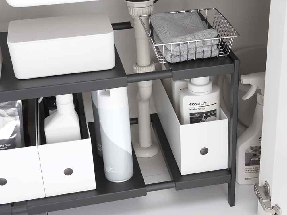 銀色のタワー伸縮シンク下ラック2段