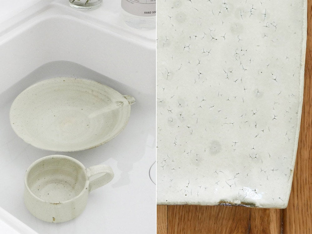 南窯エディションの手作り荒粉引陶器マグカップ、無骨な質感と独特な粗い粉引仕上げが特徴的