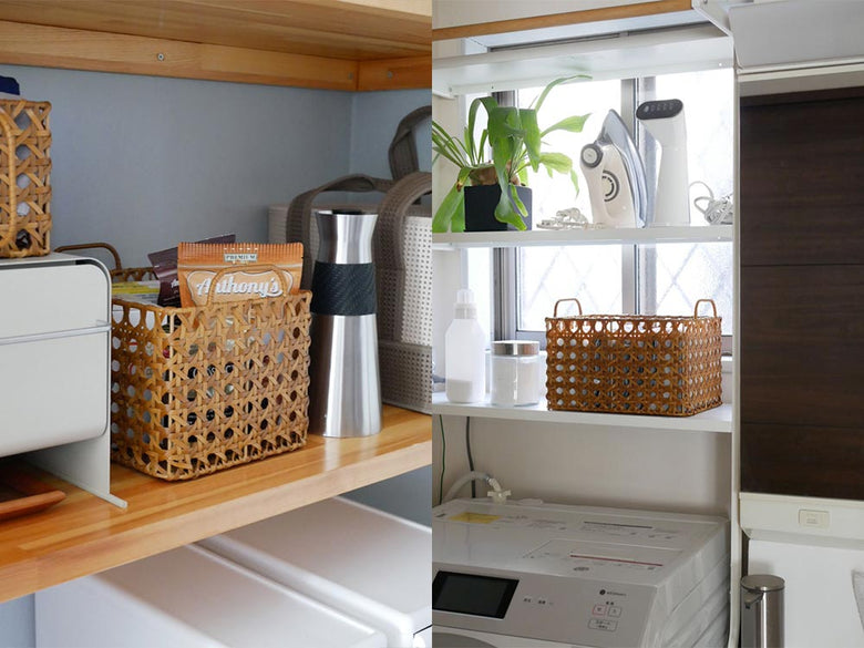 CreerクレエのUTILE Octaシリーズキッチンストッカーバスケット。ポリプロピレンとアイアン製の多様なサイズとデザインの収納バスケットが並んでいる