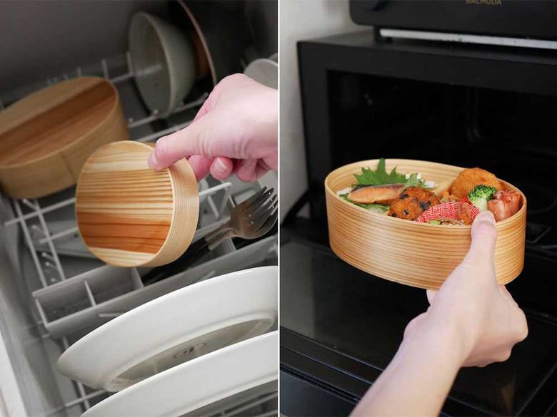 天然木の曲げわっぱ弁当箱と食器が並ぶキッチン