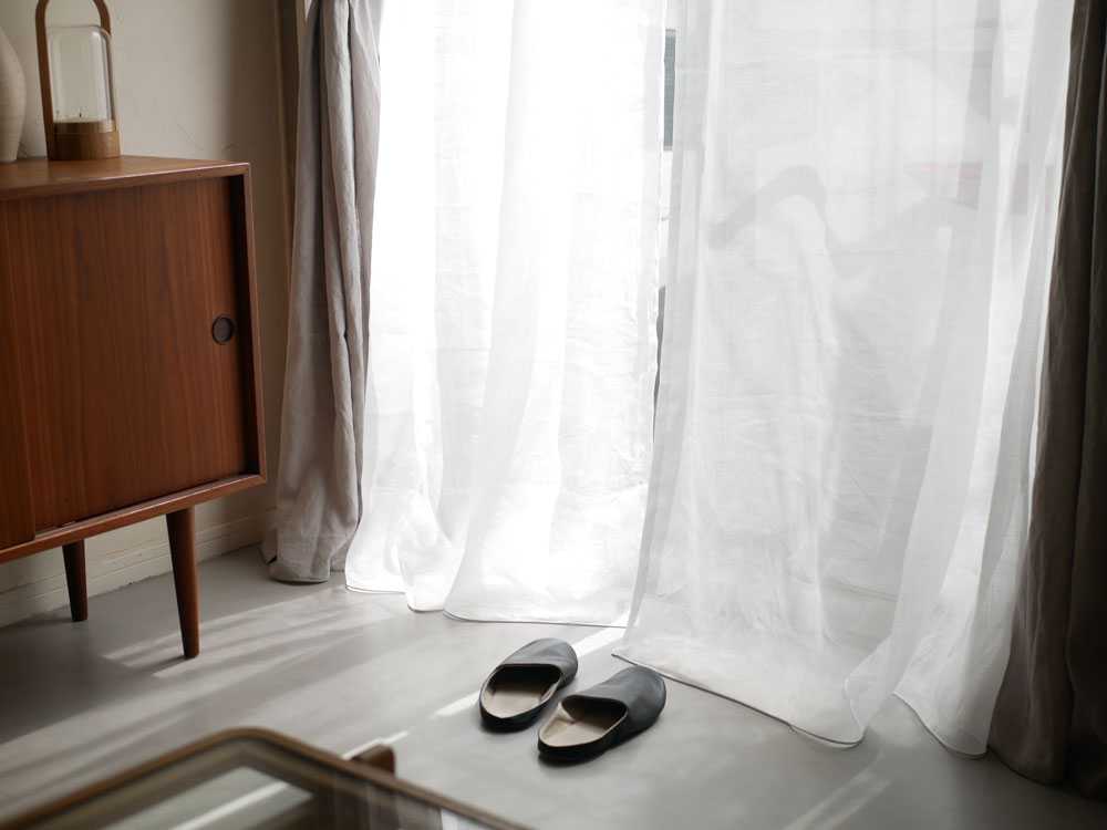 グレー麻リネンレースカーテン2枚組