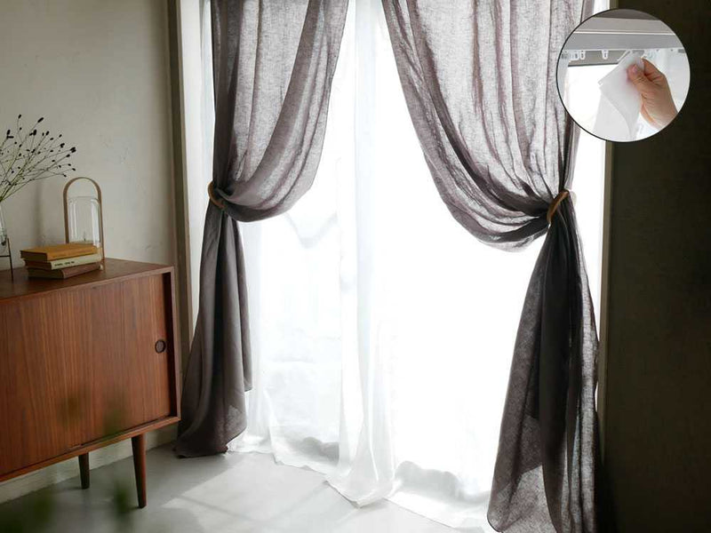 灰色麻製リネンレースカーテン2枚セット