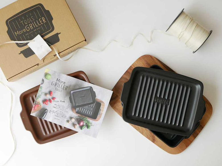 蓋付き陶器製グリルプレートと木製ウッドボードのセット