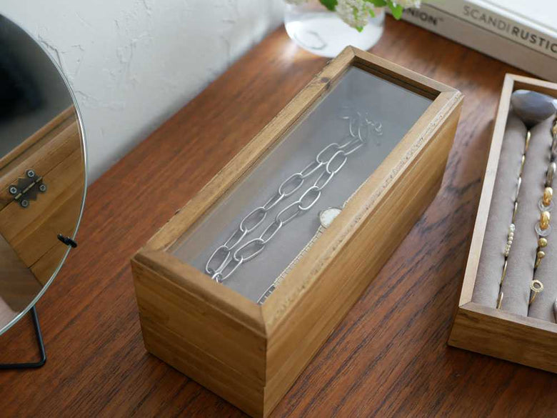 天然木パインとガラスの3段アクセサリーケース