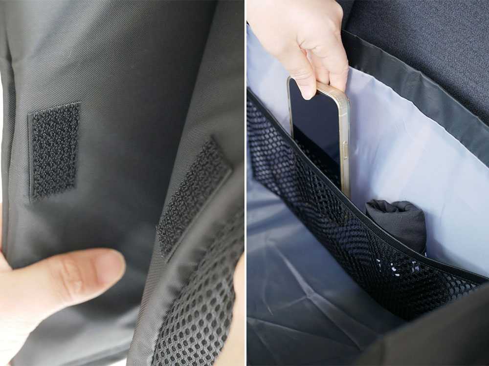 車のシートに固定された荷物転落防止用腰クッション