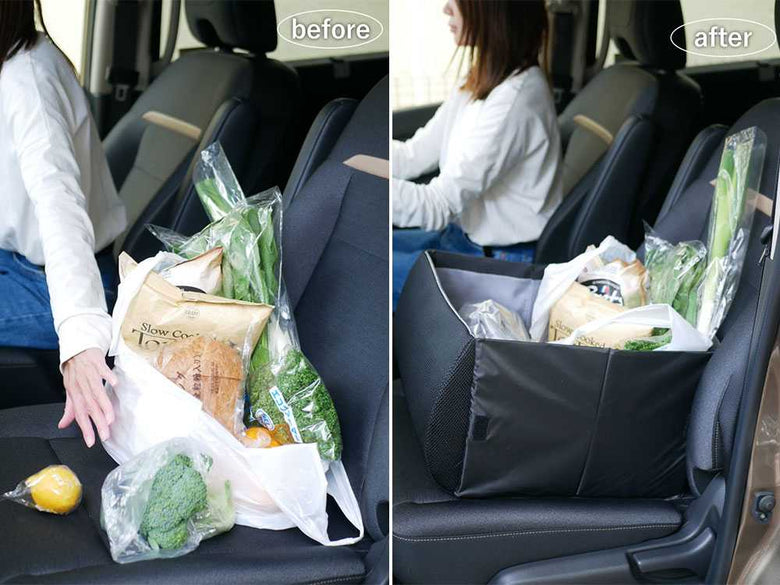 荷物転落防止シートボックスが車のシートに装着されている様子