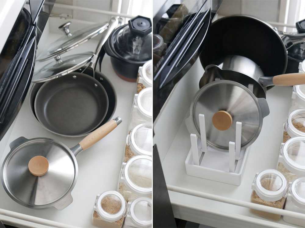 シンク下に設置されたタワー型鍋蓋＆フライパン収納スタンド