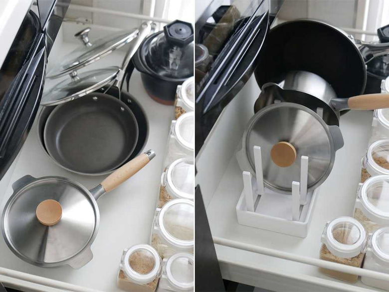 シンク下に設置されたタワー型鍋蓋＆フライパン収納スタンド