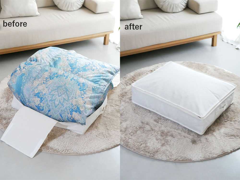 羽毛布団を収納するケースと除湿シートのセット