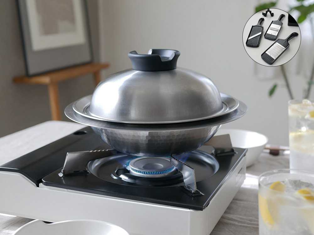 《コンパクトスライサーセット》【Arnest/アーネスト】  とにかく洗いやすいステンレス卓上鍋 / のせるだけ蒸し器