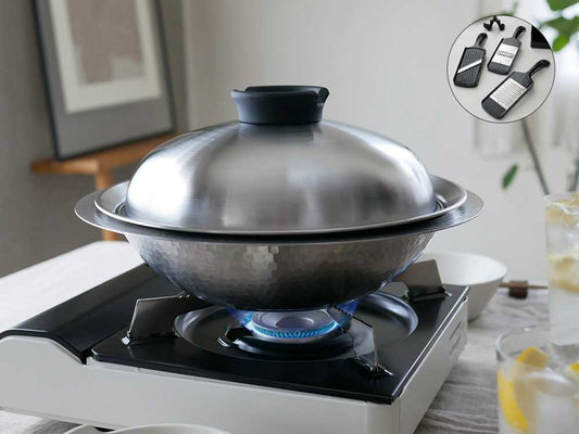 《コンパクトスライサーセット》【Arnest/アーネスト】  とにかく洗いやすいステンレス卓上鍋 / のせるだけ蒸し器