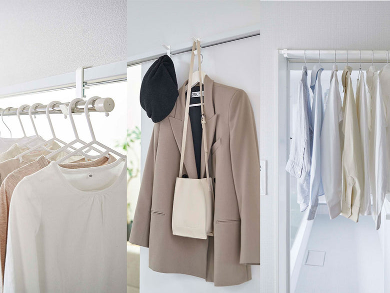 タワー室内物干しフック2個がクローゼットに取り付けられた様子