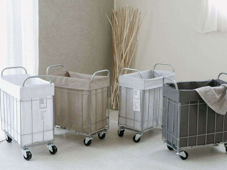 BRIDのWIRE ARTS&PRO ランドリーストレージ28L、スチールワイヤーとポリエステル中袋を備えた洗濯物収納ボックス