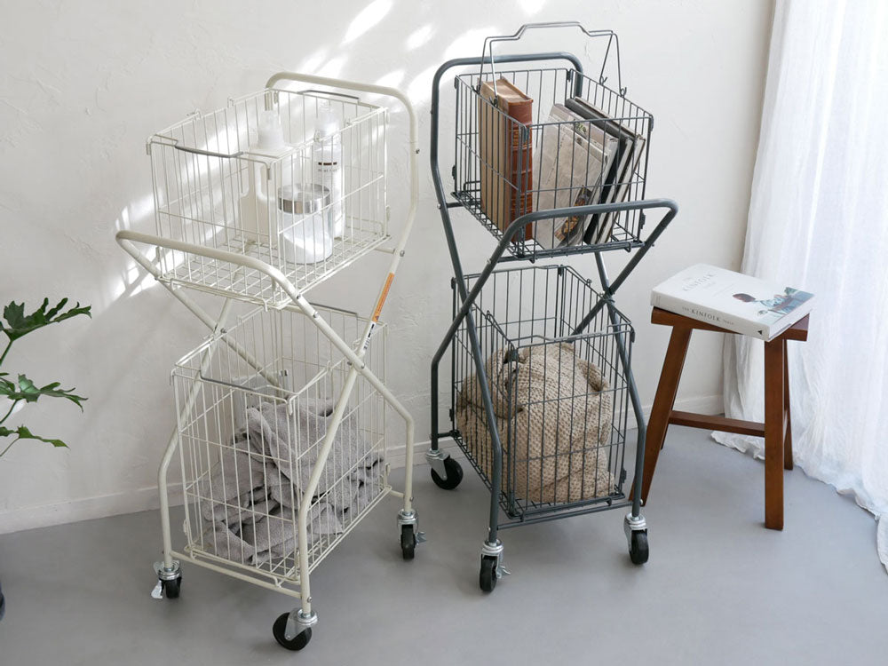 ダルトン製スチールランドリートローリー、二段バスケット付き