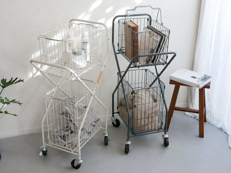 ダルトン製スチールランドリートローリー、二段バスケット付き