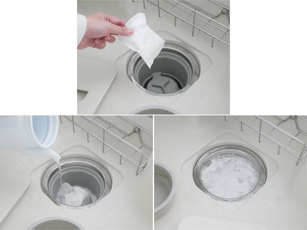 キッチンシンクに置かれたFUJIEI排水口クリーナー The MELT