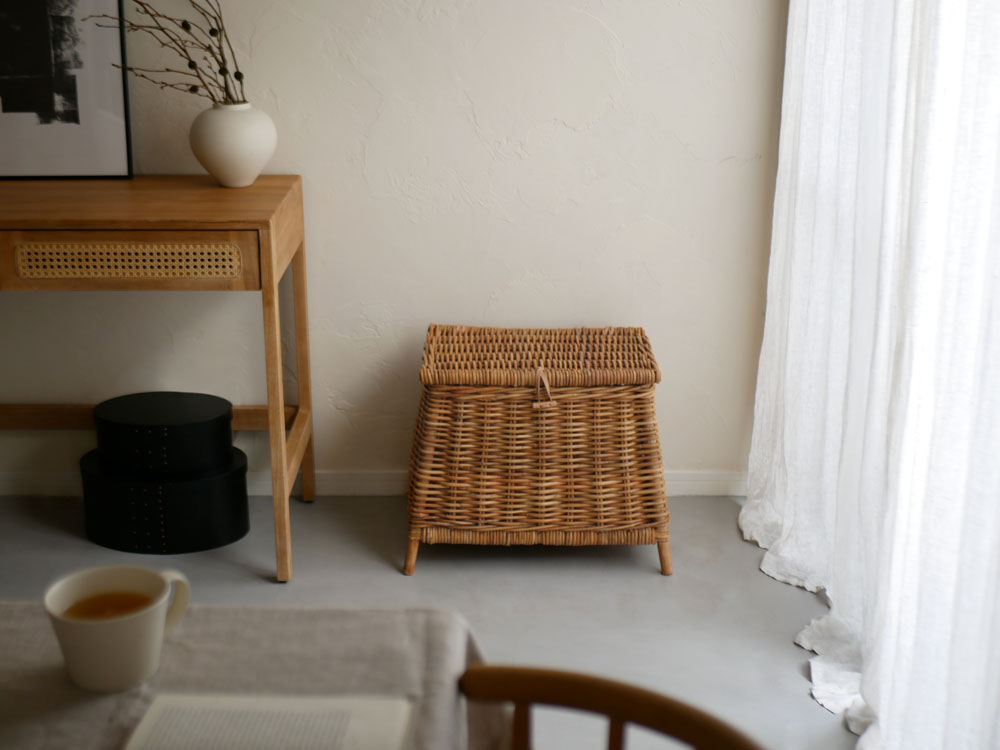 Creerクレエの皮付きラタン脚収納バスケット