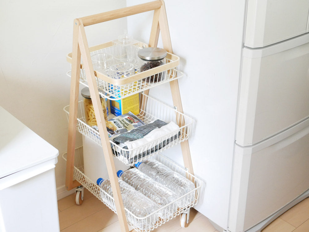 天然木とスチール製のマッシュ リヴ キャリーバスケットワゴンM