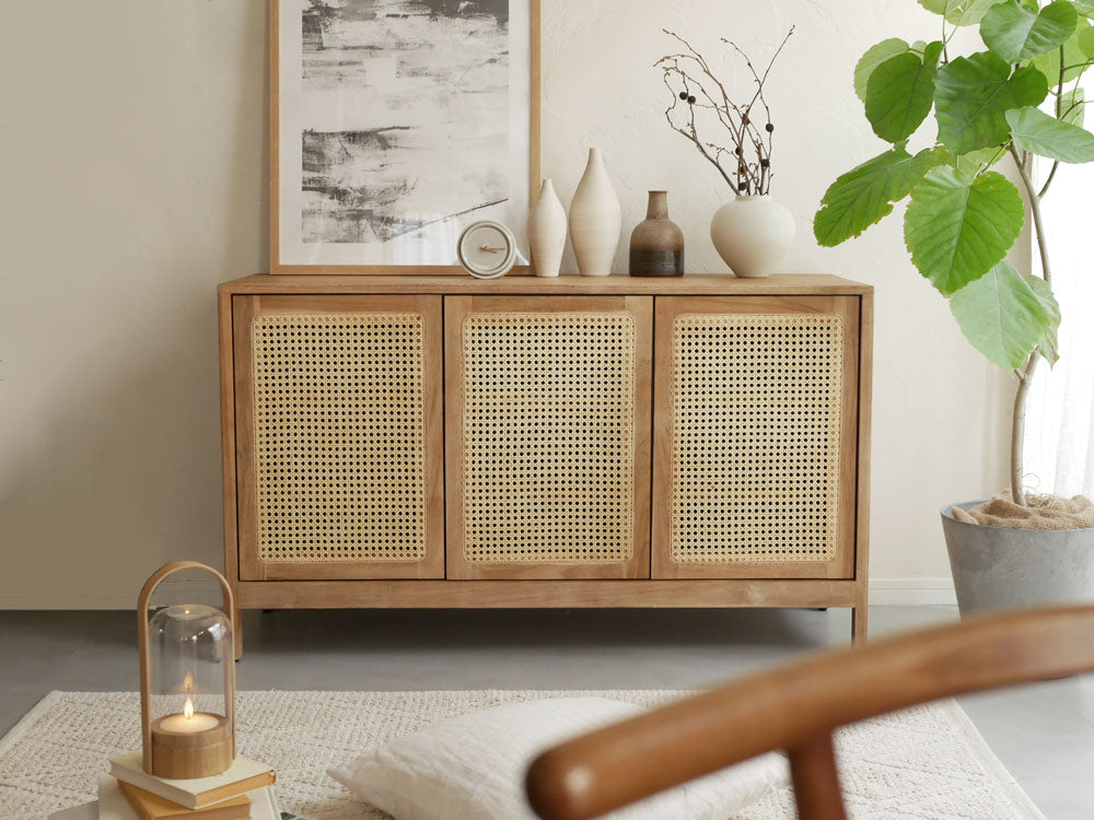 サンフラワーラタンのチーク無垢材キャビネット120cm