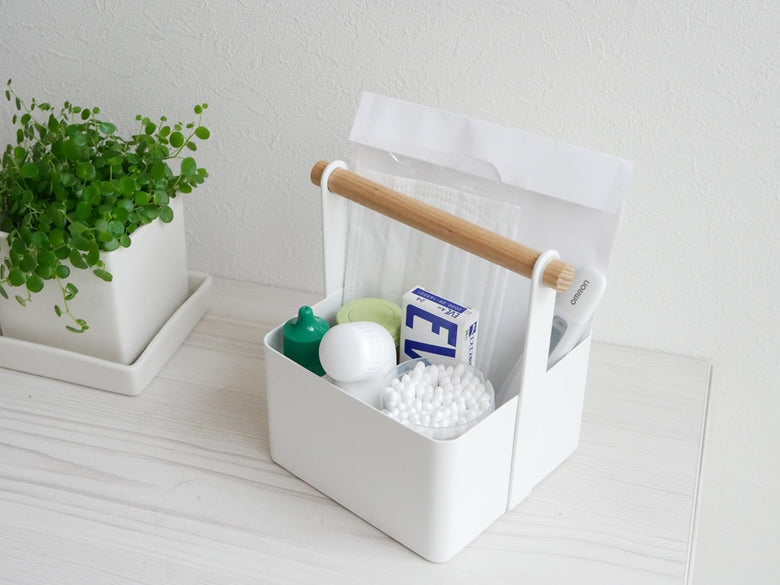 YAMAZAKIの【tosca/トスカ】ツールボックス、スチール本体と天然木バーを使用した蓋付き家庭用収納バスケット