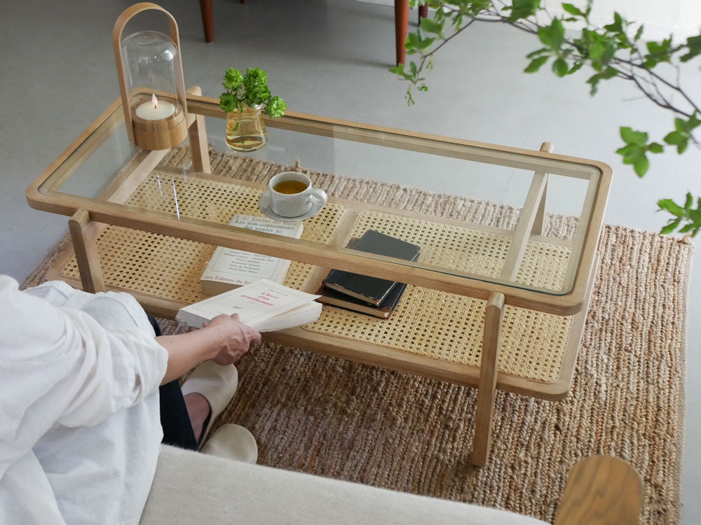 ラタンとチーク無垢材の100cmセンターテーブル