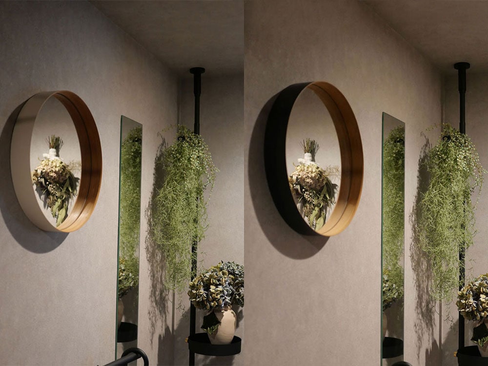 テオリZEROミラーと生け花を飾ったインテリア