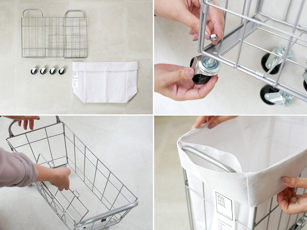 BRIDブランドのスチールワイヤー製ランドリーストレージ28リットル、キャスターと布袋が付属した収納スタンド