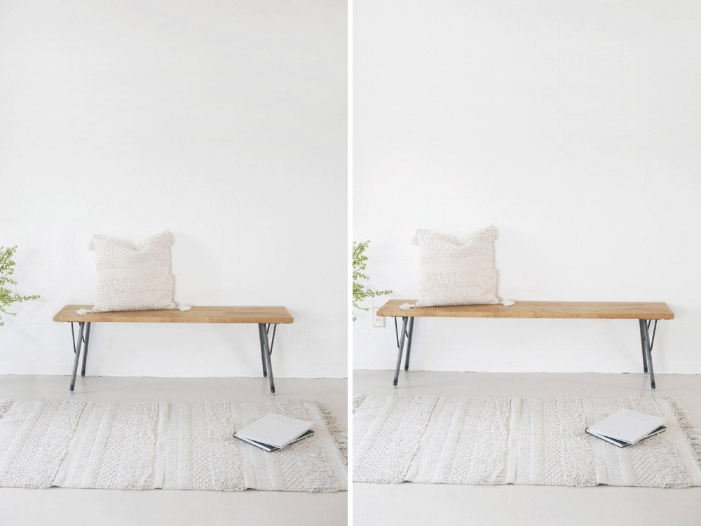 SIKAKU四角商店製オーク無垢材の天板とクリアラッカー塗装の鉄脚を持つモダンなベンチ。自然な木目とシンプルなデザインが特徴。