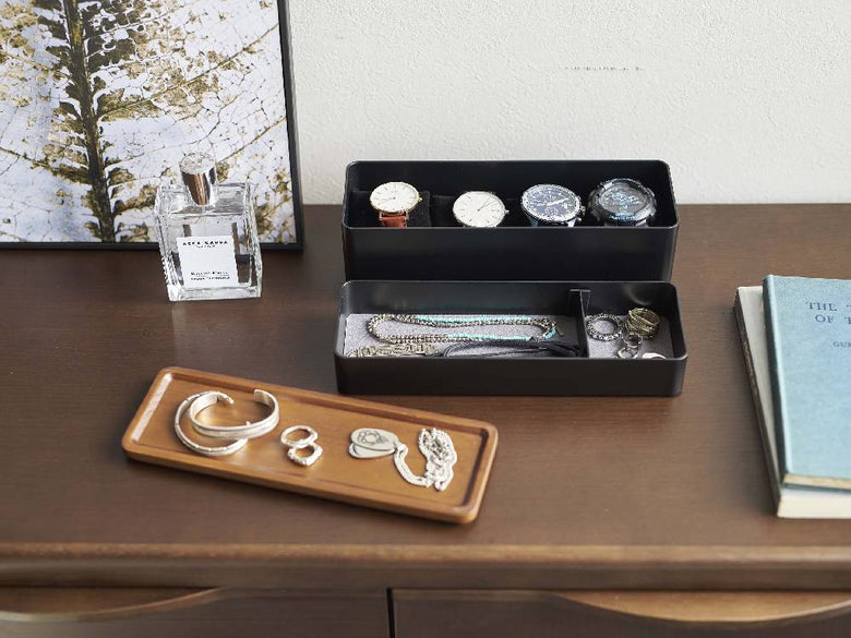 銀色の天然木製トレー付きアクセサリー＆時計ケース