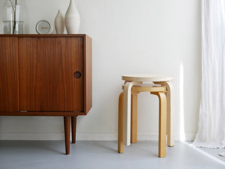 Artek（アルテック）のバーチ材製スツール60。直径38cm、高さ44cmの木製家具で、クリアラッカー塗装仕上げ。フィンランド製