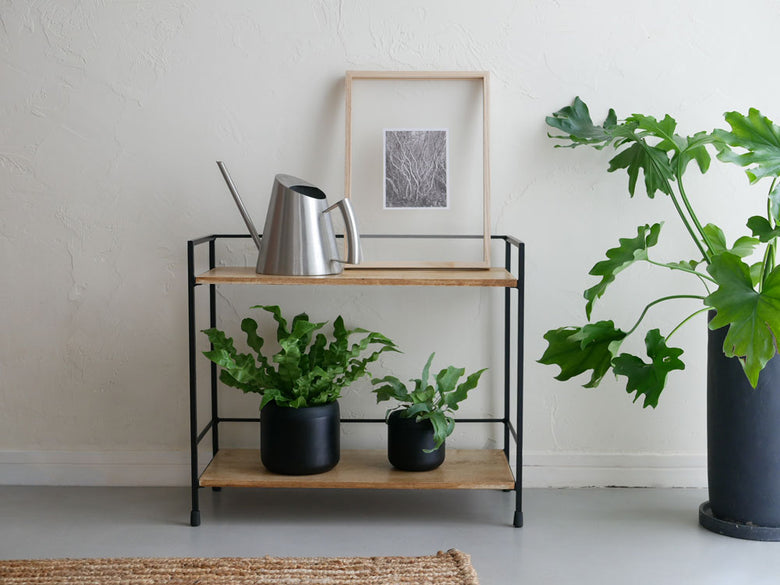 ポッシュリビングスタンドシェルフに花鉢と花瓶が置かれています