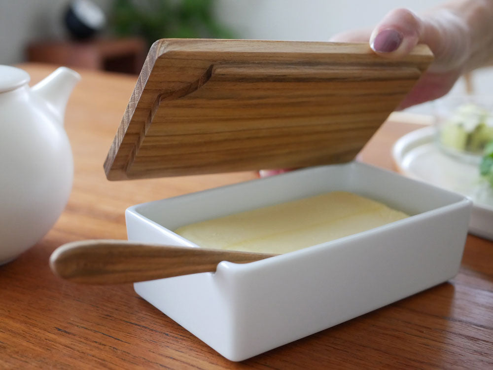 チーク材蓋付き磁器製バターケース200g