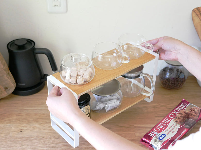 ヤマザキ製toscaキッチンラック、スチールと木棚