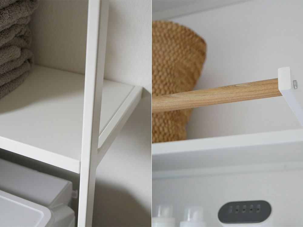 Yamazaki製タワー立て掛けランドリーシェルフ。スチール本体に天然木のハンガーバーが付いた高さ190cmの洗濯機用収納棚