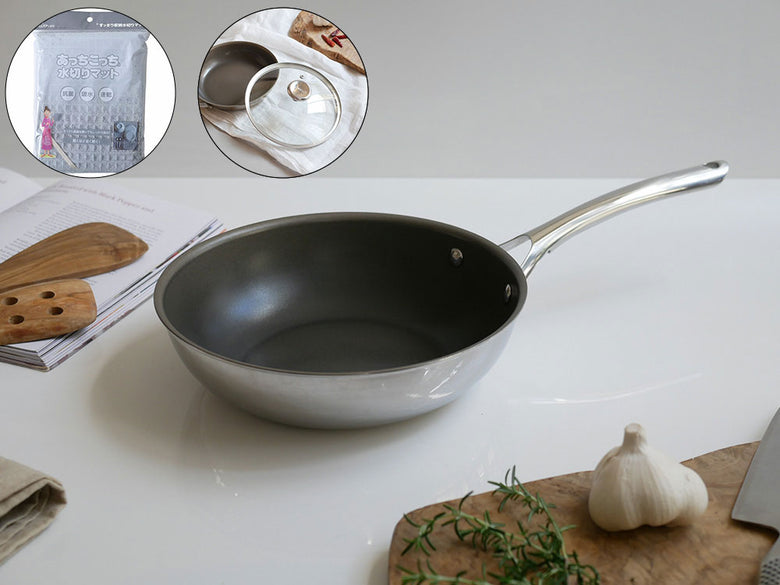 《ノベルティ付》【CORELLE/コレール】こびりつきにくい次世代フライパン＋専用ガラス蓋セット（あっちこっち水切りマット）