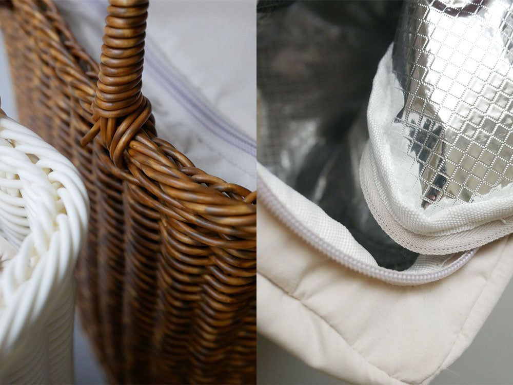 Creer（クレエ）のユティル ピクニッククーラーバッグ、自然素材のワイヤー籠とシルバーのハンドルが特徴の収納用バスケット