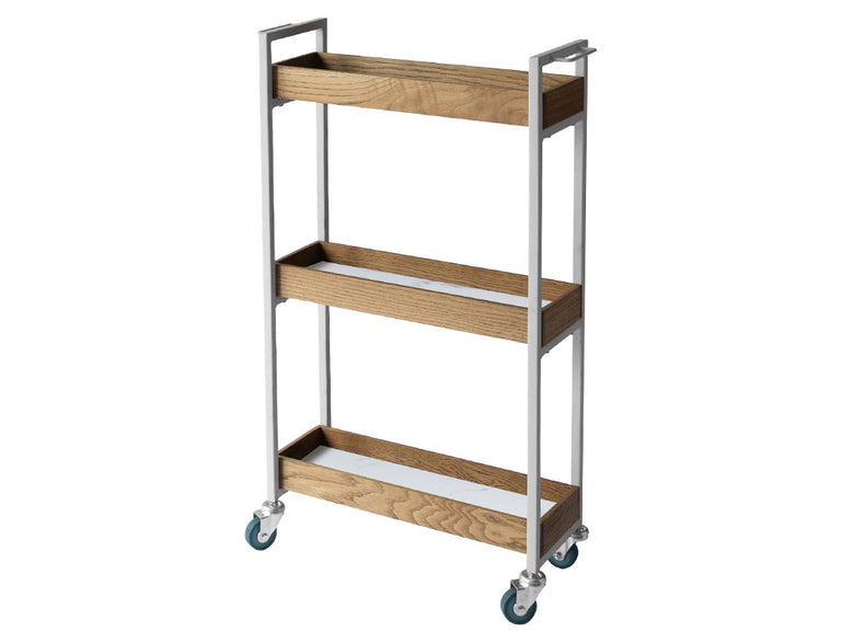 adepecheアデペシュのPOLポルムービングワゴンがキッチンに配置され、棚やキャビネットとともに食品やボトルが整然と並べられている様子