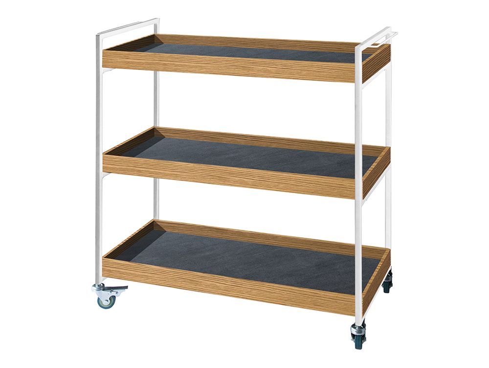 アデペシュPOLムービングワゴン、スチールフレームとオーク材を使用したキッチン用収納カート、複数の棚と引き出しが備わる家具