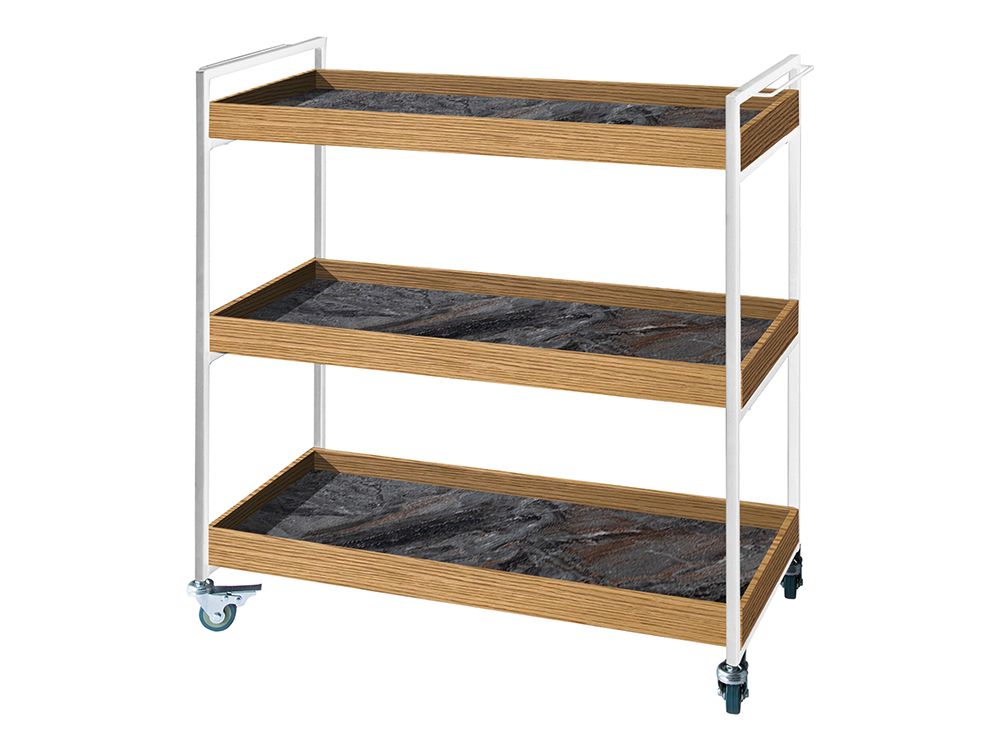 キッチンキャビネットや棚、ワインラックと共に配置されたアデペシュ製POLムービングワゴンが並ぶ整理されたキッチンの様子