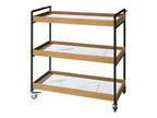 アデペシュPOLポルムービングワゴン。木目調のスチールフレームとオーク無垢材を使用したキッチン用収納カートで、複数の棚や引き出しが配置されたデザイン家具