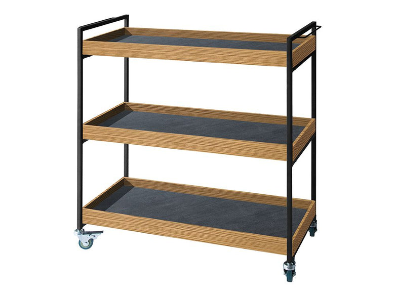 adepecheのPOLムービングワゴン。キッチンに設置されたスチールフレームとオーク無垢材天板を備えた棚や引き出しが特徴の収納家具