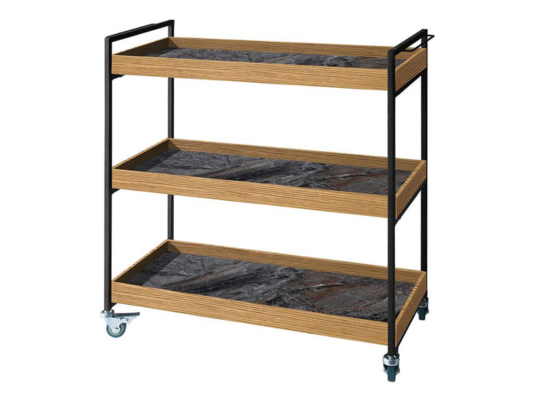 adepeche POLムービングワゴン、スチールフレームとオーク無垢材天板を使用したキッチン用収納カート、棚と引き出し付き