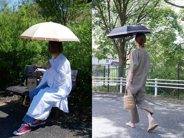ビコーズのPUグログラン折りたたみ長傘を持ちながら、日陰で休憩している様子